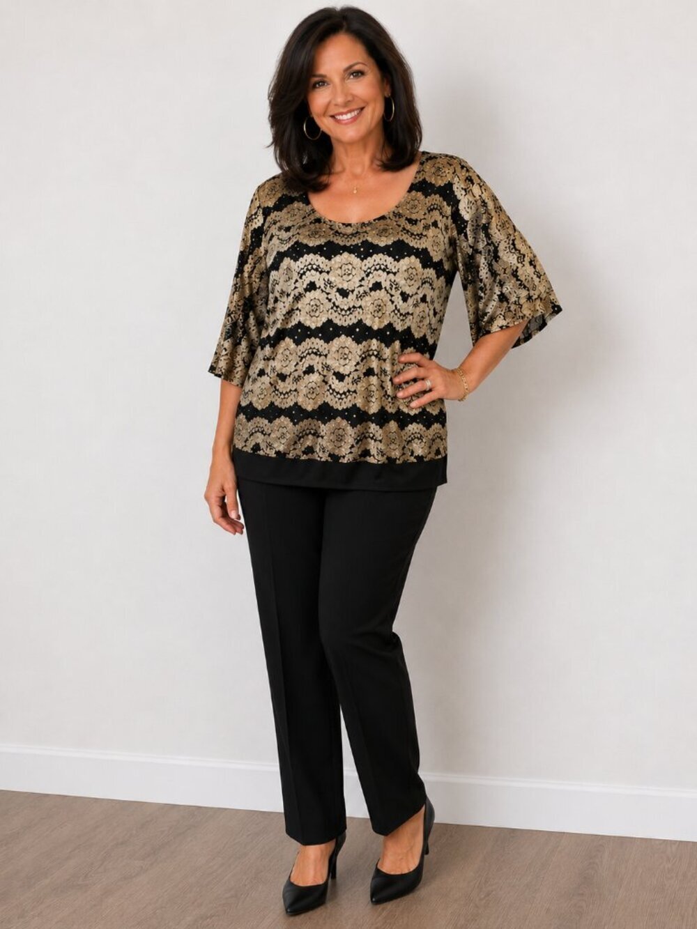 Dressbarn Black & Gold Lacey Sequin Top, Cocktail Attire, Size 1X